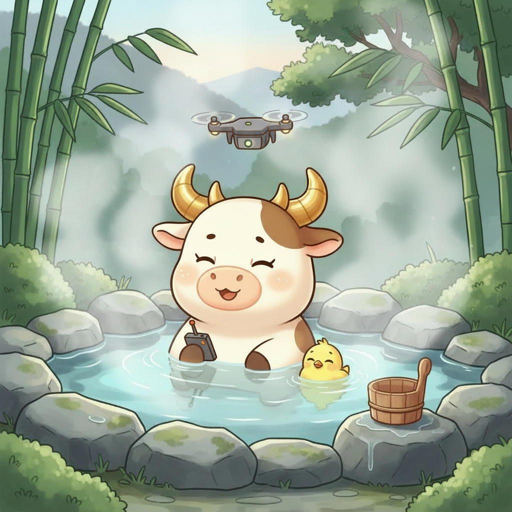 MmowW Droneのマスコット牛がドローンと一緒に温泉で極楽している様子